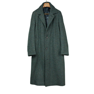 Belted balmacaan coat in handloomed Donegal blue-green herringbone tweed