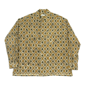 Long sleeve convertible collar shirt in khaki and olive ikat print