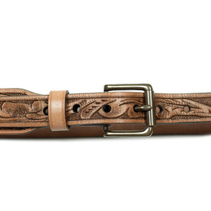 Hand tooled leather belt in cognac