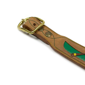 Hand made inlaid leather belt in cognac