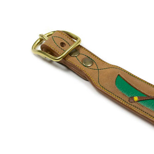 Hand made inlaid leather belt in cognac