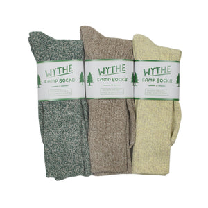 Wythe Recycled cotton camp socks three-pack: pale yellow melange, evergreen melange, and camp khaki melange